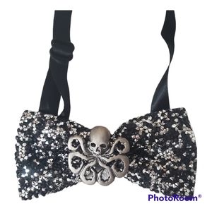 Steampunk octopus mens rhinestones bling bowtie wedding Halloween black silver